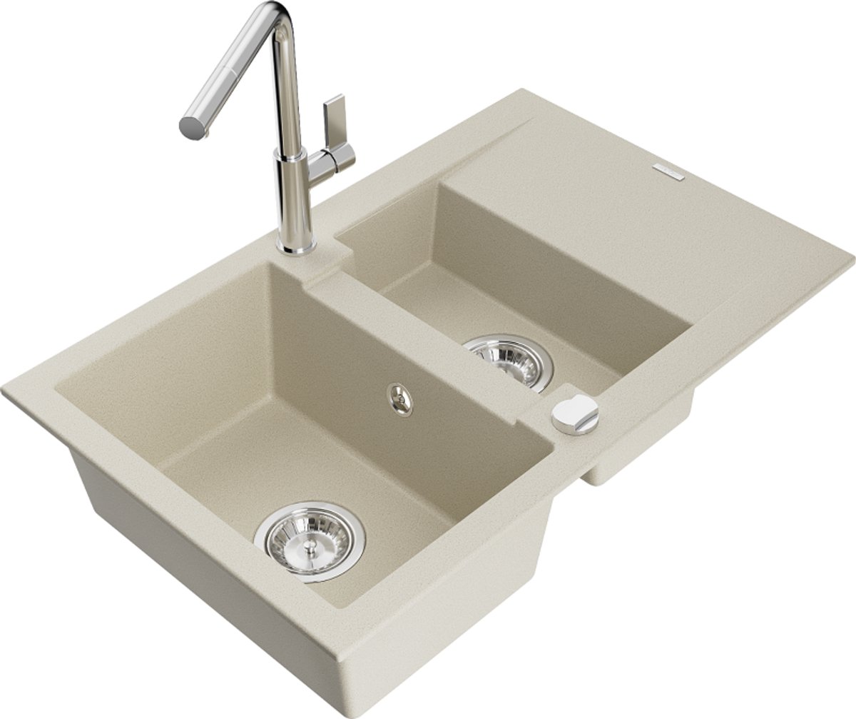 Mexen Gaspar granieten spoelbak 1,5-kamer met afdruiprek en keukenmengkraan Flora, beige -