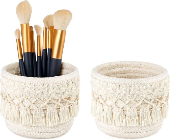 Makeup brush holder organizer mini macrame cosmetics brushes cup - storage basket set of 2 - boho decor pen pencil box container