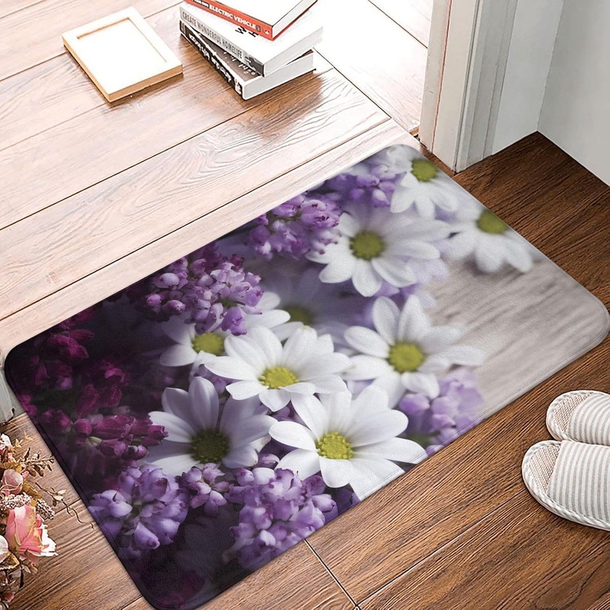 Deurmat binnen buiten antislip 40,6 x 60 cm paarse bloemen witte motieven voordeur entree