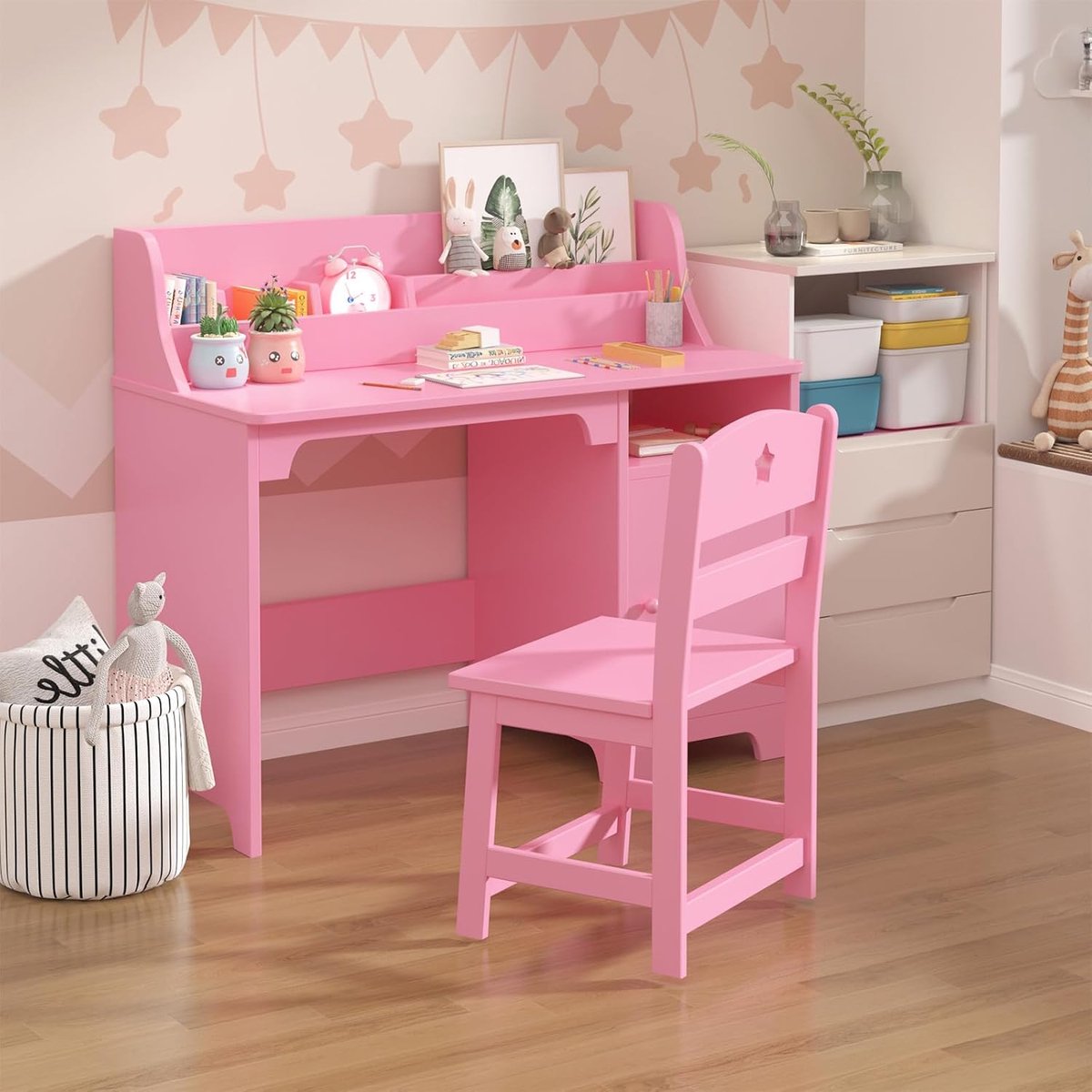 Kinderbureau Houten Set met Stoel, Etagère en Opbergruimte thumbnail 4