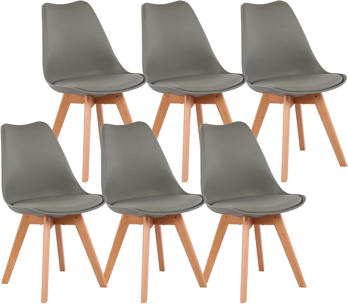 Scandinavische eetkamerstoelen Set van 6 met Ergonomische Rugleuning en Beukenhouten Poten