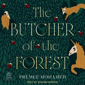 Boekomslag van 'The Butcher of the Forest' met een donkergroene, bladerige achtergrond en afbeeldingen van een vos, een gier en een paard met schedel, met rode appels.