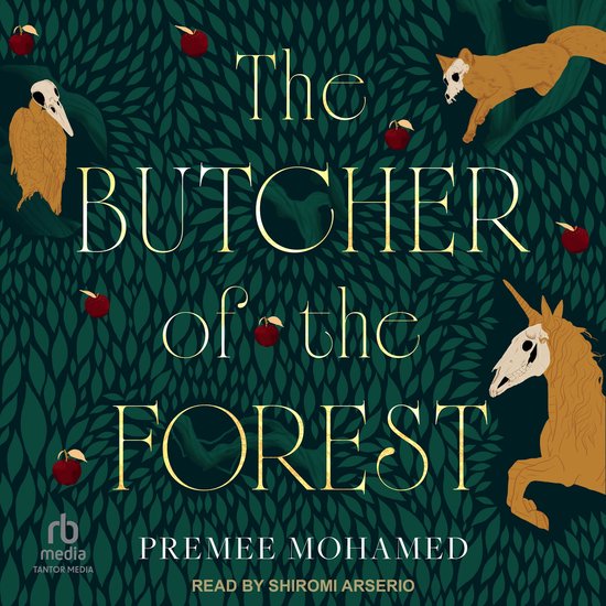 Boekomslag van 'The Butcher of the Forest' met een donkergroene, bladerige achtergrond en afbeeldingen van een vos, een gier en een paard met schedel, met rode appels.