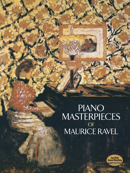 Une femme portant une chemise rouge et blanche à fleurs et une longue jupe rayée est assise au piano. Le mur derrière elle a un motif doré. Titre : Piano Masterpieces of Maurice Ravel.