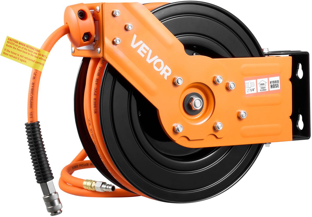 VEVOR Persluchtslanghaspel, 15 M X 3/8 Inch Hybride Persluchtslang, Slanghaspel 20 Bar, Automatische Slangoproller met 1,52 M Aanvoerslang, 180° Draaibare Plafond-/Wandbeugel