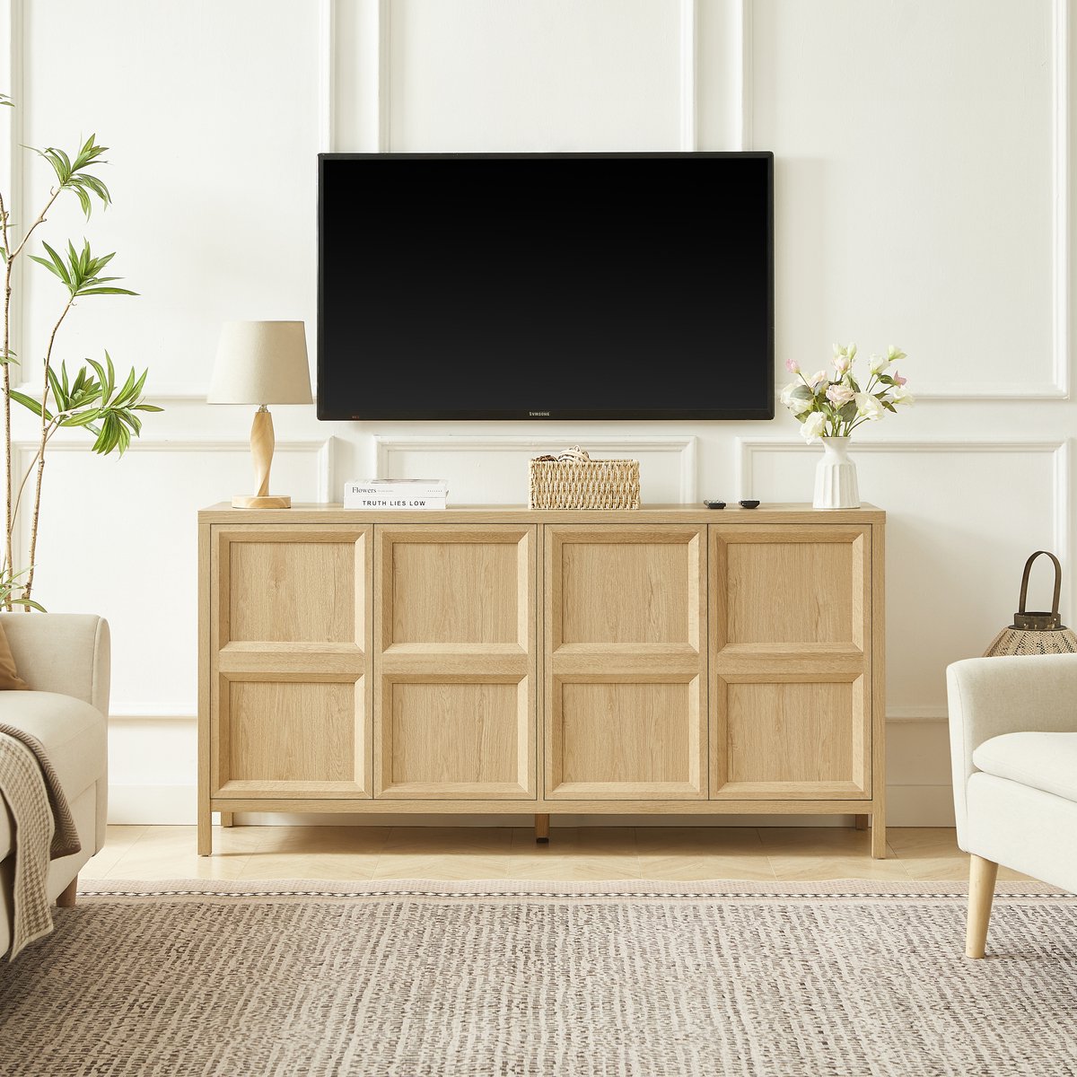 Wishdor Sideboard - Drukopensysteem En Zachtsluitende Scharnieren - Scandinavisch - Woonkamer - MDF - Eikenkleur - 160 X 40 X 80 Cm
