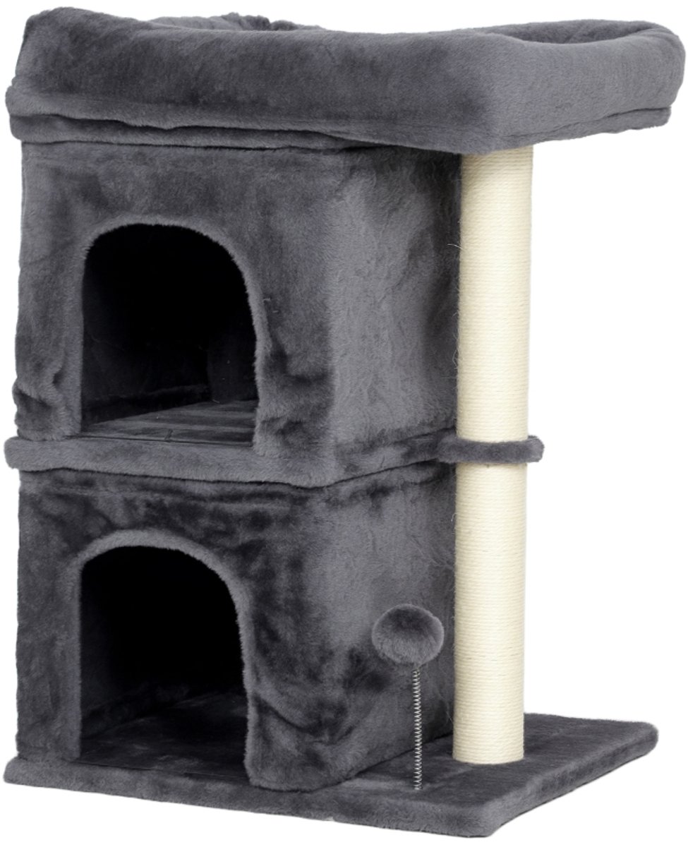 66 cm kleine krabpaal voor grote katten, krabpaal met groot zitplatform, 2 huisjes, sisal krabpaal, speelbal, donkergrijs – foto 6