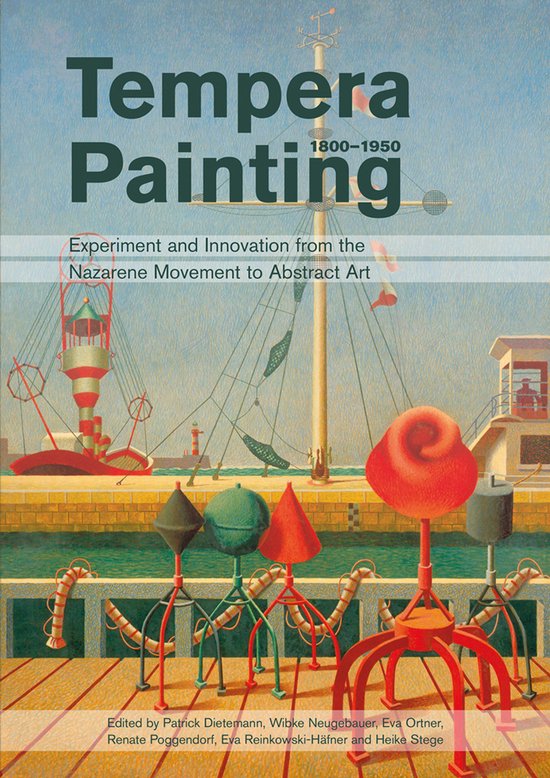 Boek met de titel "Tempera Painting 1800-1950". Afbeelding van een haven met schepen en boeien.