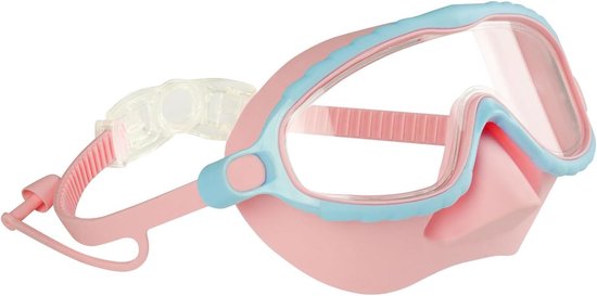 Lunettes de plongée roses et bleu clair avec sangle réglable.
