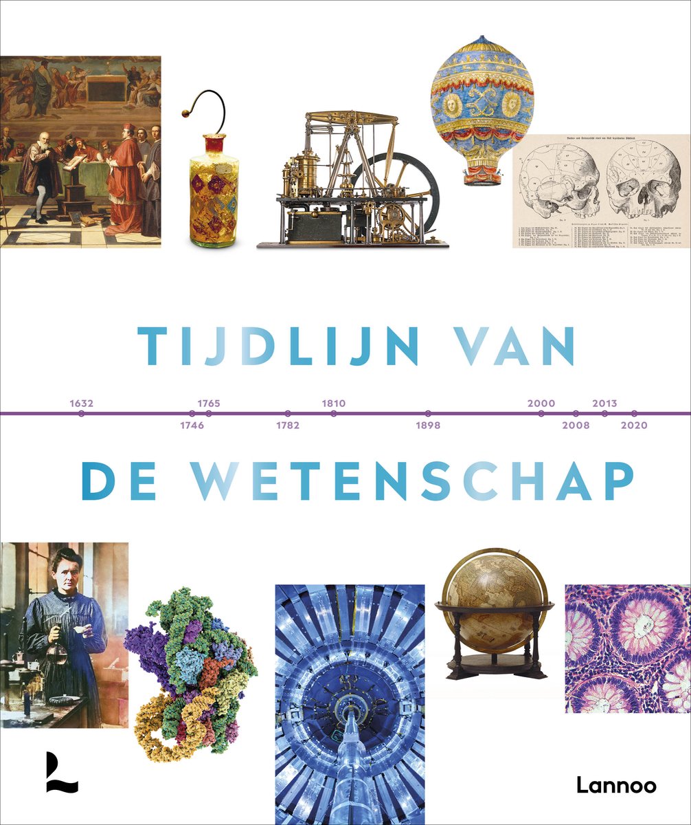 Collage van wetenschappelijke afbeeldingen, waaronder een tijdslijn met 'Tijdlijn van de Wetenschap', een flesje met bloemen, een machine, een luchtballon, een schedeldiagram, Marie Curie, een molecuulstructuur, een deeltjesversneller en een aardbol.
