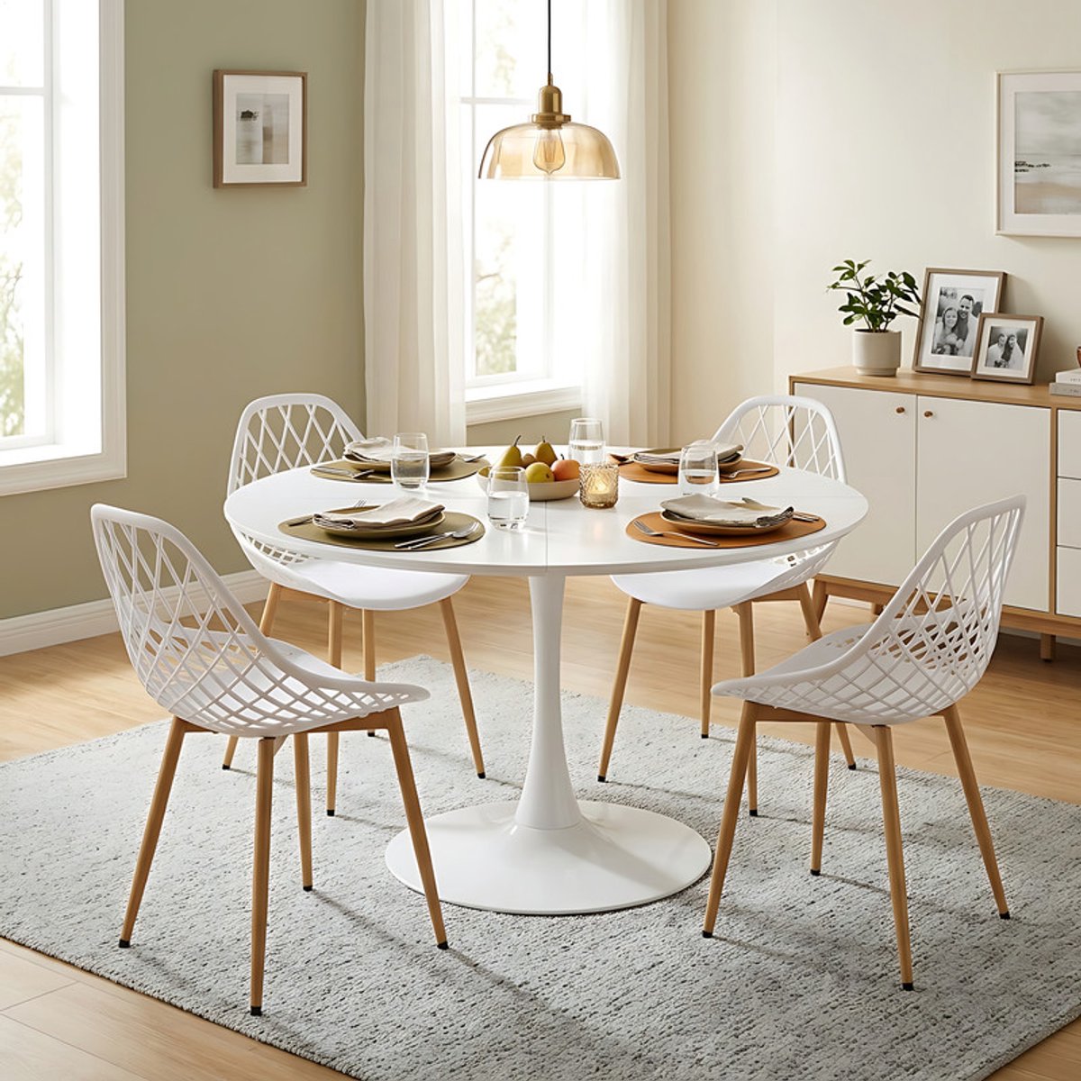 EGGREE eettafel en stoelen - 4 witte eetkamerstoelen - tafel Ø 120 cm - voor bar - café en restaurant Wit-M4WH