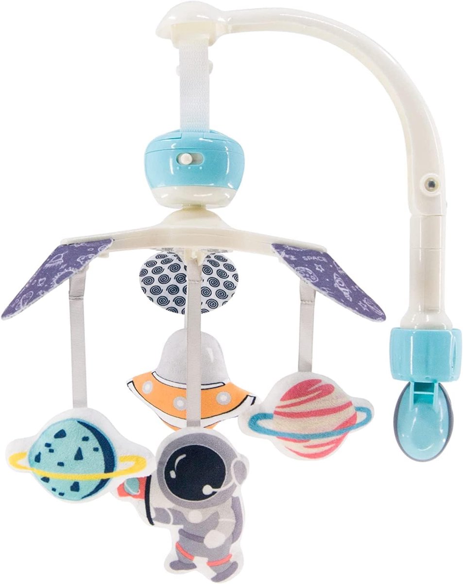Babymobiel ruimteschip blauw voor babybedje met muziek en roterend speelgoed