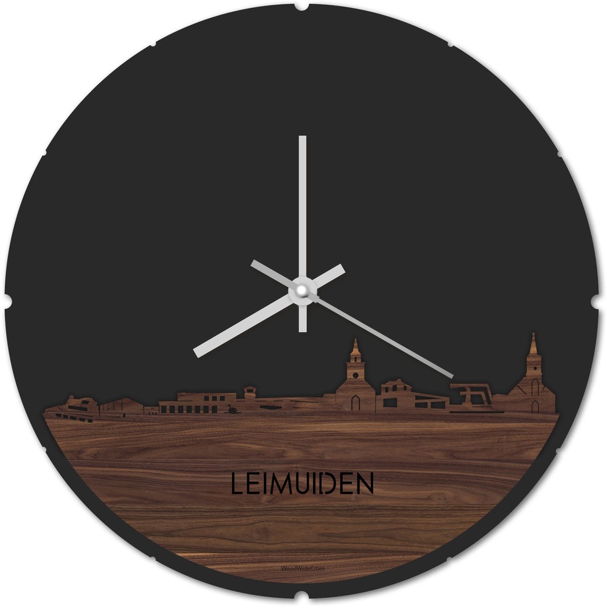 Skyline Klok Rond Leimuiden Notenhout - Ø 44 cm - Stil uurwerk - Wanddecoratie - Meer steden beschikbaar - Woonkamer idee - Woondecoratie - City Art - Steden kunst - Cadeau voor hem - Cadeau voor haar - Jubileum - Trouwerij - Housewarming -