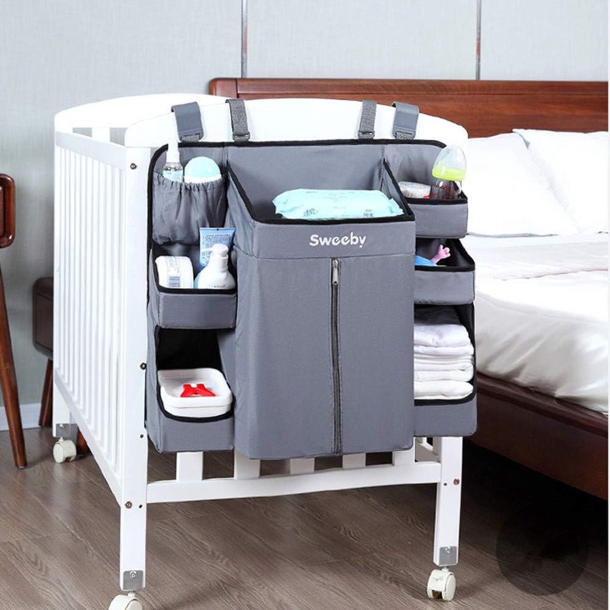 Wieg Opbergtas - Baby Organizer - Babykamer Inrichten - 8 Handige Vakken - 50x58x14 cm - Grijs