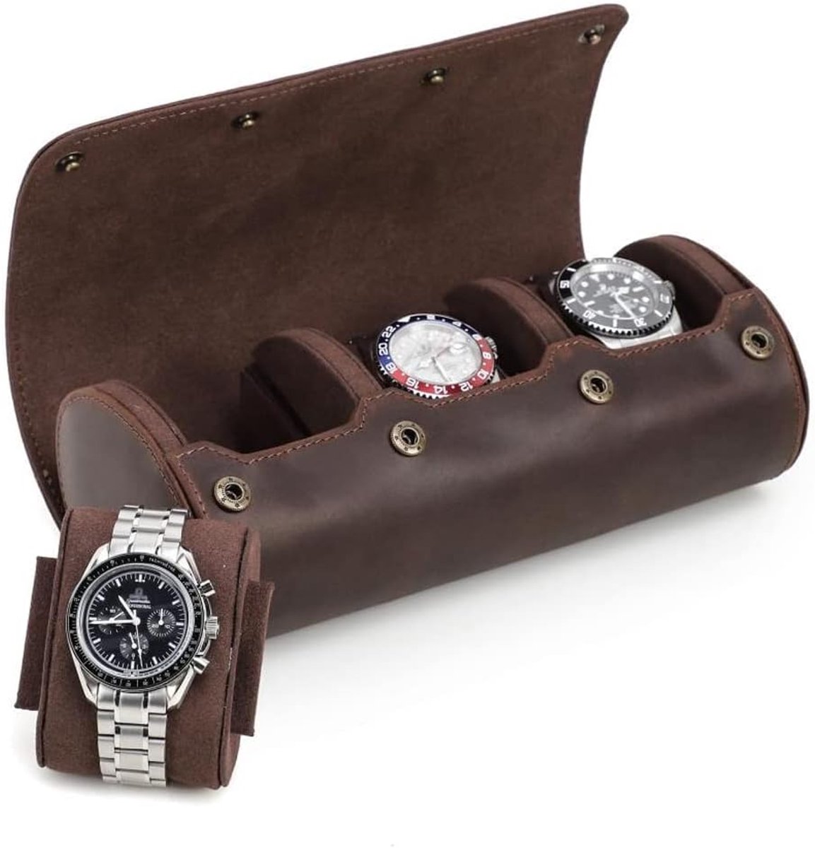 Watch Storage Box - Echt Leer - 3 Horloges - Draagbare Reis Koffer - Verwijderbare Kussen en Sluitmechanisme Ontwerp
