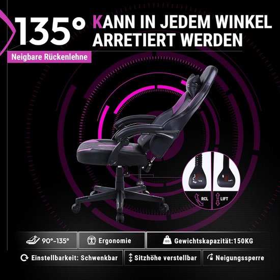 Ergonomische Gamingstoel met Lendesteun en Verstelbare Rugleuning, PU-leer van Merkloos — afbeelding 2