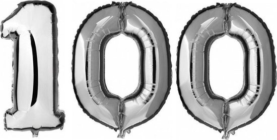 100 jaar zilveren folie ballonnen 88 cm leeftijd/cijfer - Leeftijdsartikelen 100e verjaardag versiering - Heliumballonnen