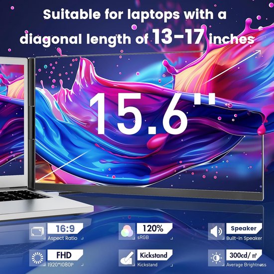 15,6-inch Draagbare Externe Laptop Monitor 1080p FHD IPS Scherm - 120% sRGB - HDMI, USB-A & Type-C Aansluiting - Plug & Play voor Windows, Mac & Android van Merkloos — afbeelding 3
