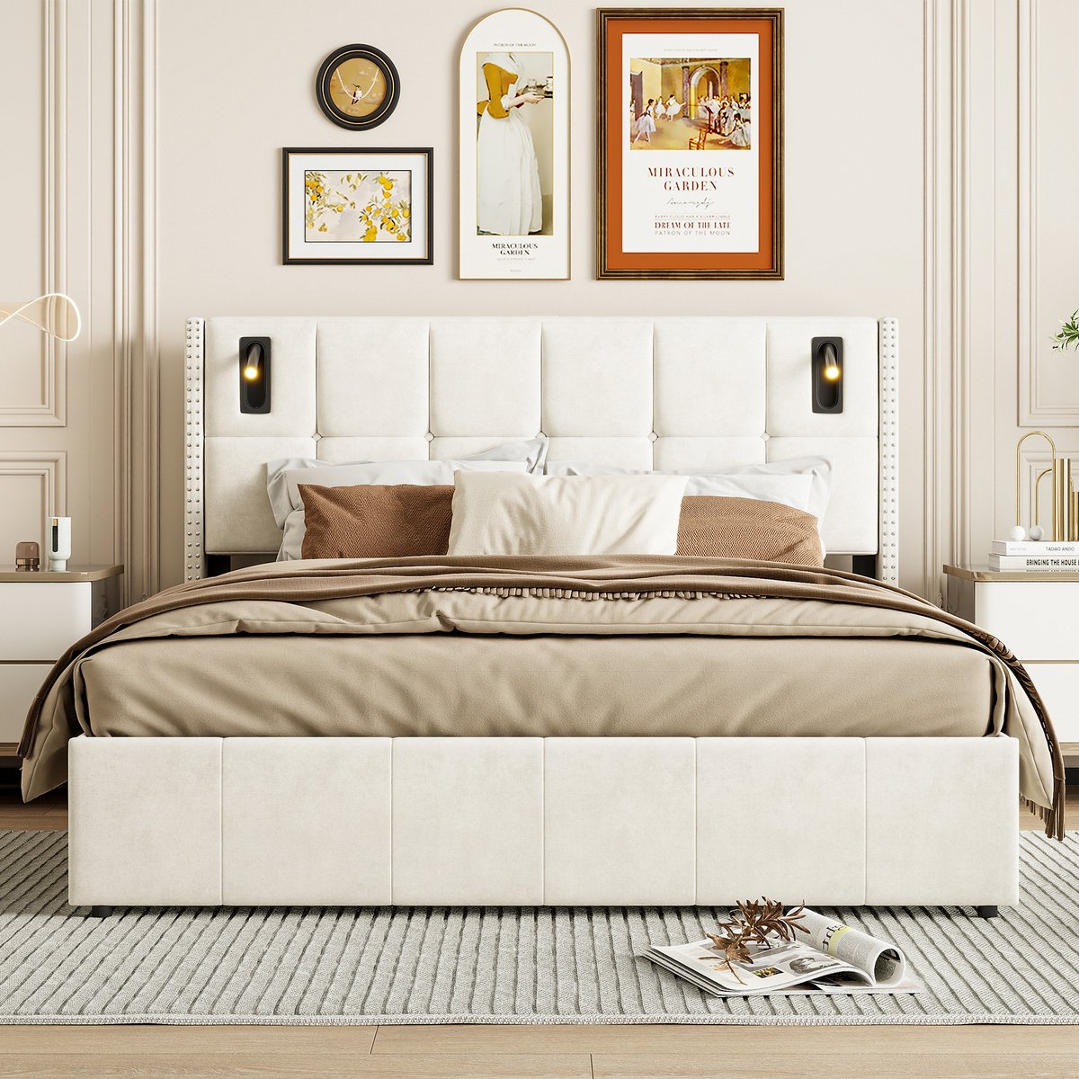 Opbergbed 140x200 – Fluwelen Bedframe met Vleugel Hoofdbord en Leeslamp – Beige