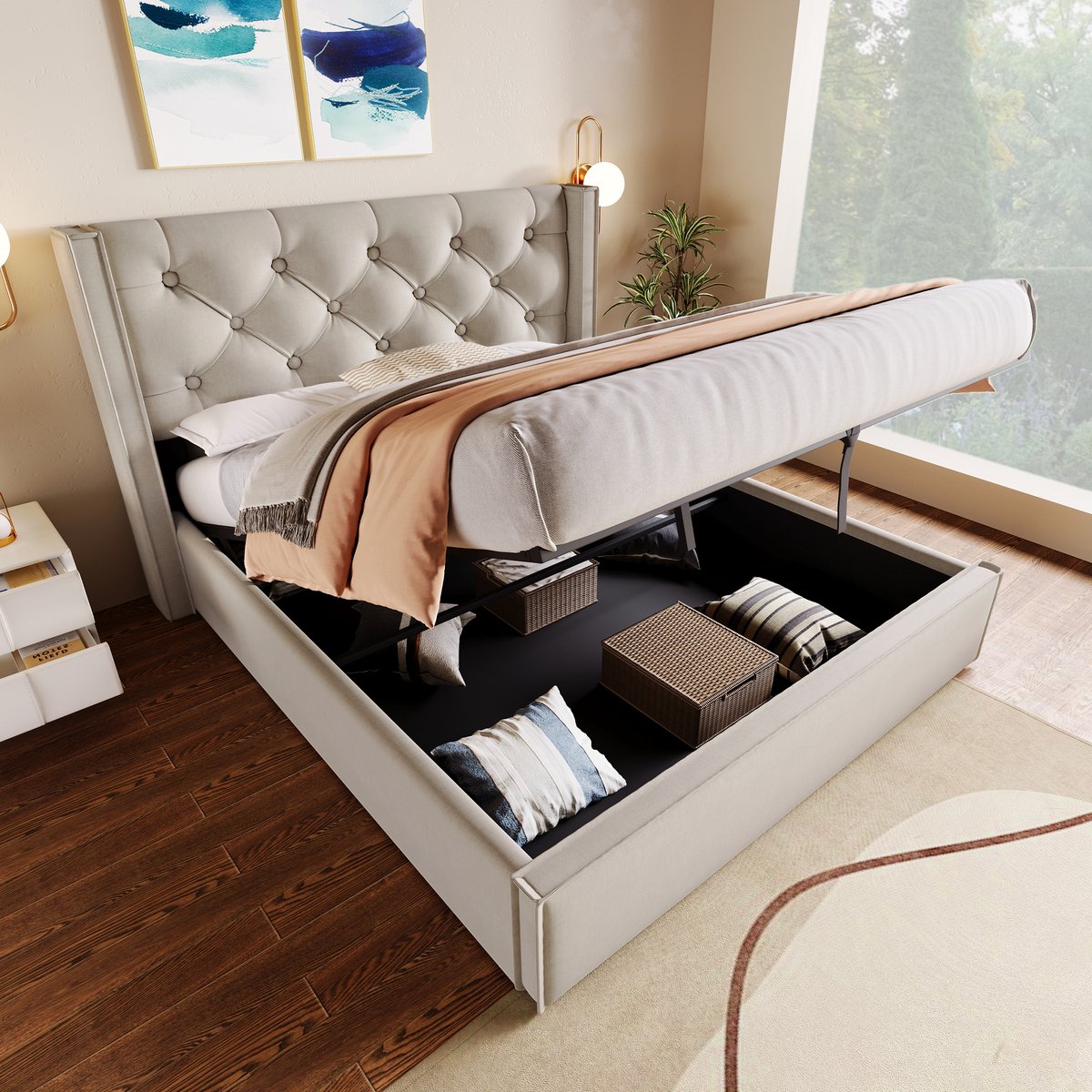 MODFU Bedframe 140x200 cm – Katoen lichtgrijs – Met opbergruimte & gestoffeerd hoofdbord – Retro stijl