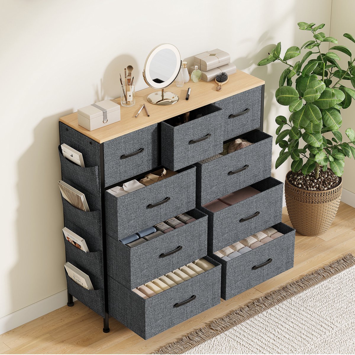 Ladekast met 9 Stoffen Lades – Opbergkast met Houten Bovenblad & Metalen Frame – Organizer met Haken 98,8x30x100 cm