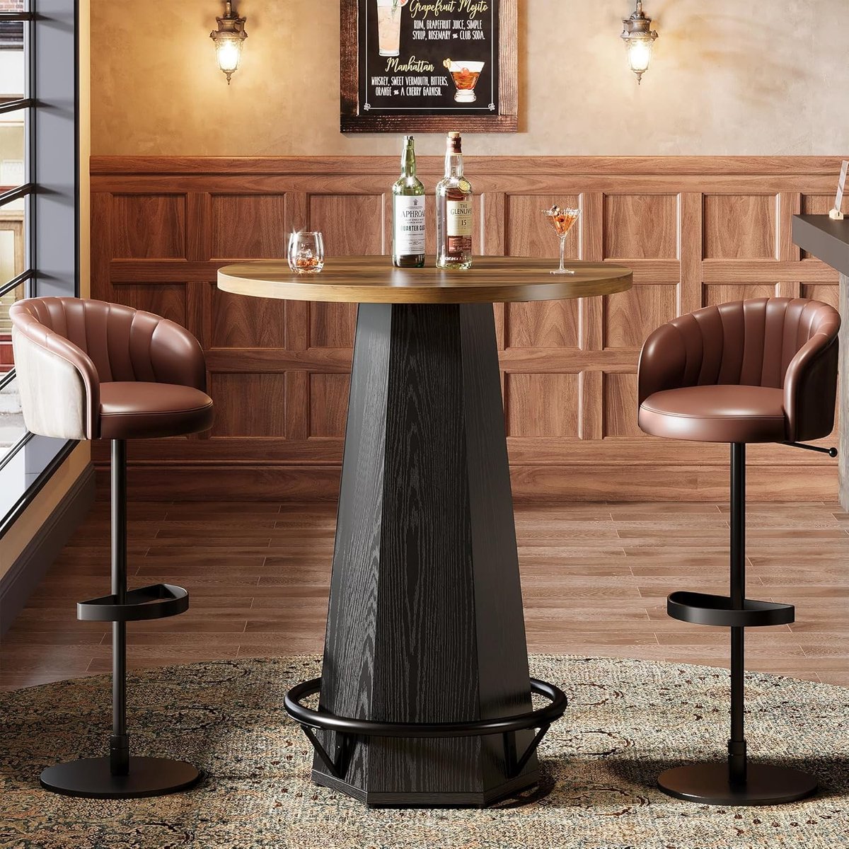 LITTLE TREE Ronde Bartafel - Bistrococktailtafel met Metaalvoetsteun & Industriële Stijl - 39.4" H Hoge Bartafel - voor Drinken & Samenkomen, Kleine Ruimtes - Bruin & Zwart