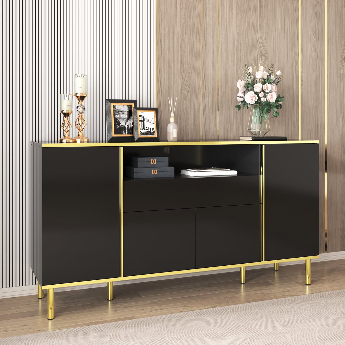 FloraGrace Dressoir - Hoogglans Met Ledverlichting En Gouden Accenten - 4 Deuren En 1 Lade Voor Woonkamer - MDF Spaanplaat - Zwart - 150x40x80 Cm