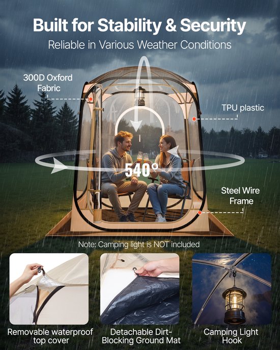 VEVOR Transparante tent, 127x127x170 cm, Pop-up tent voor 1-2 personen, sporttent met grondmat en bovenzeil, buitenbubbeltent, kampeerschuilplaats voor evenementen, vissen, feesten van Vevor — afbeelding 4
