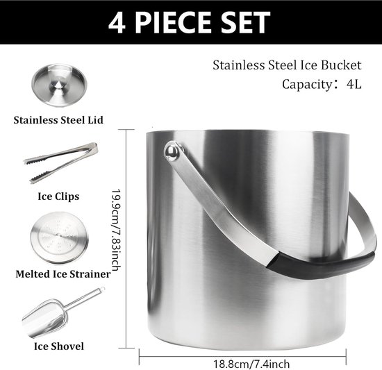 Dubbelwandige Ijsemmer voor IJsblokjes - 4 Liter - Met Deksel en Accessoires voor Feestjes en Bartenders van Merkloos — afbeelding 5