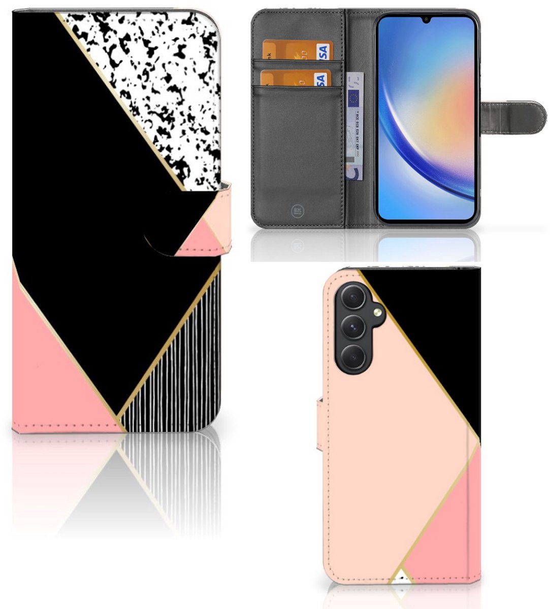 Samsung Galaxy A24 4G Book Case Zwart Roze Vormen