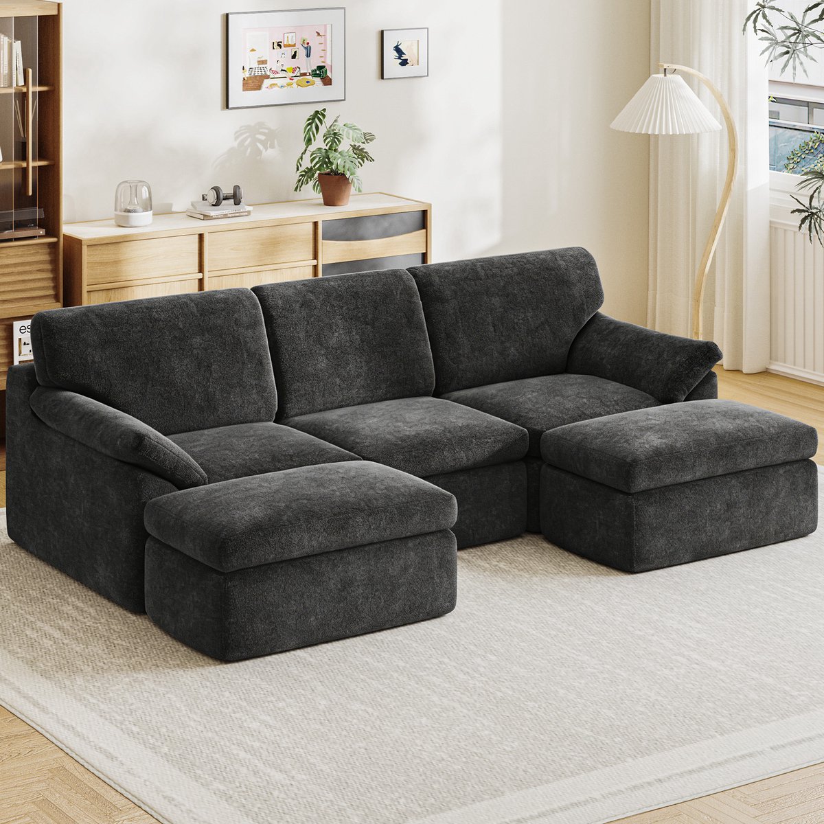 Banken - U-bank - 3-zitsbanken donkergrijs - Hoekbanken - Zetel met slaapgedeelte - Modulaire bank 240 cm breed - L-vormige bank - Vacuümverpakt - met ligvlak - Slaapbank - Geen montage nodig, met grote chaise longue - Incl. kussenset - Donkergrijs