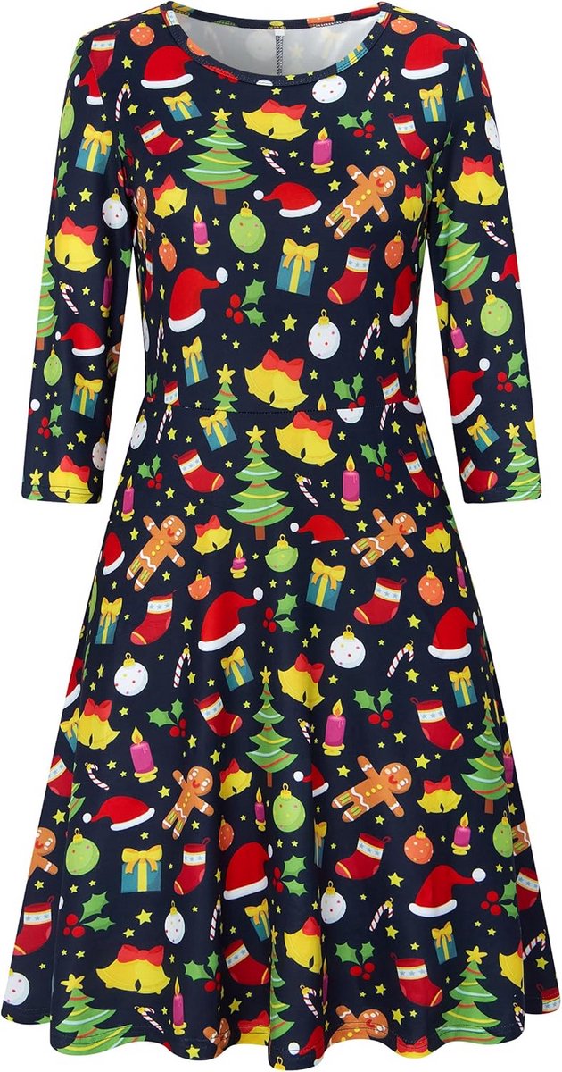 AIDEAONE dames kerstjurk 3/4 mouwen Midi zachte jurk grappige print