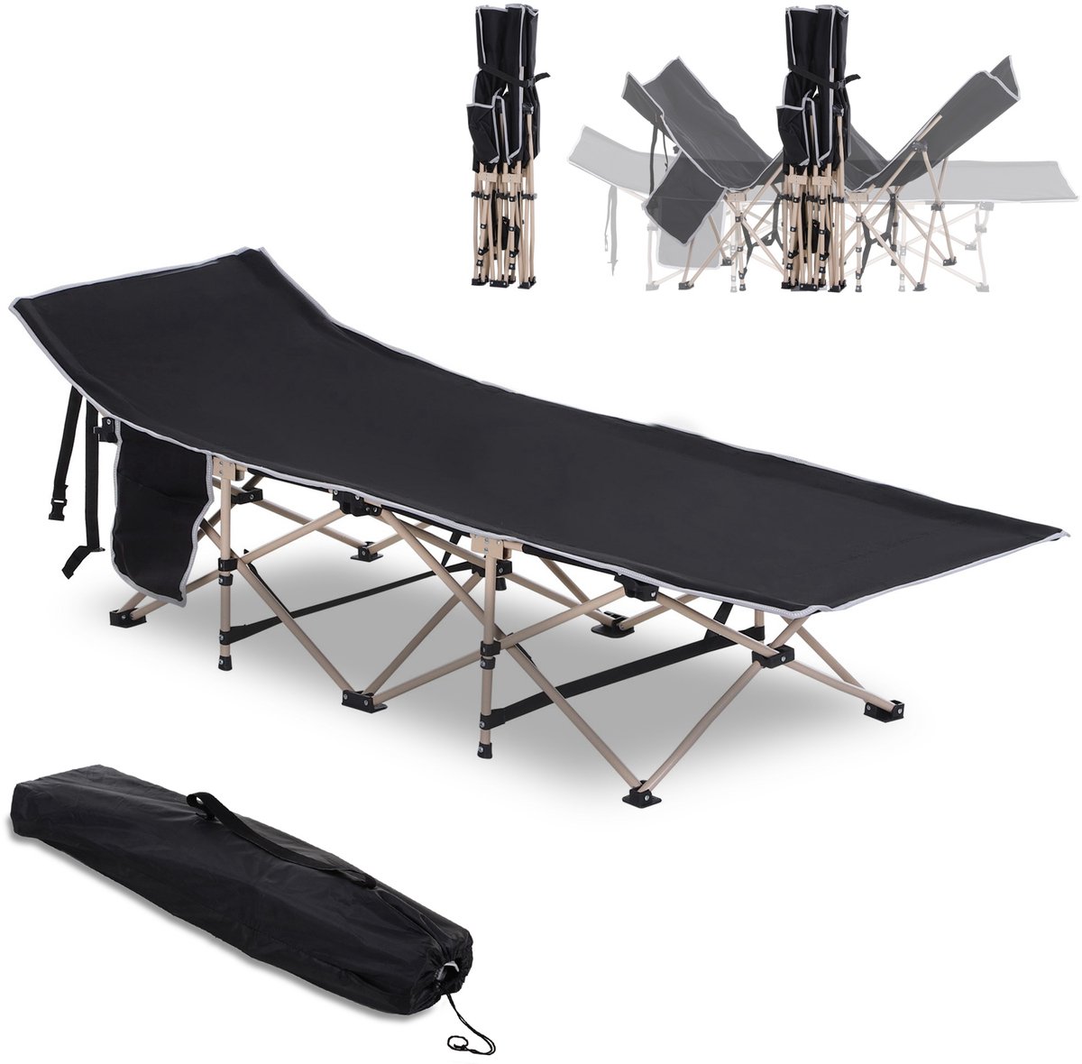 Wishdor - Opvouwbaar Campingbed - Met Draagtas - Verhoogd Ligvlak 38 Cm - Polyester 600D Oxford - Zwart - 190 X 68 X 52 Cm