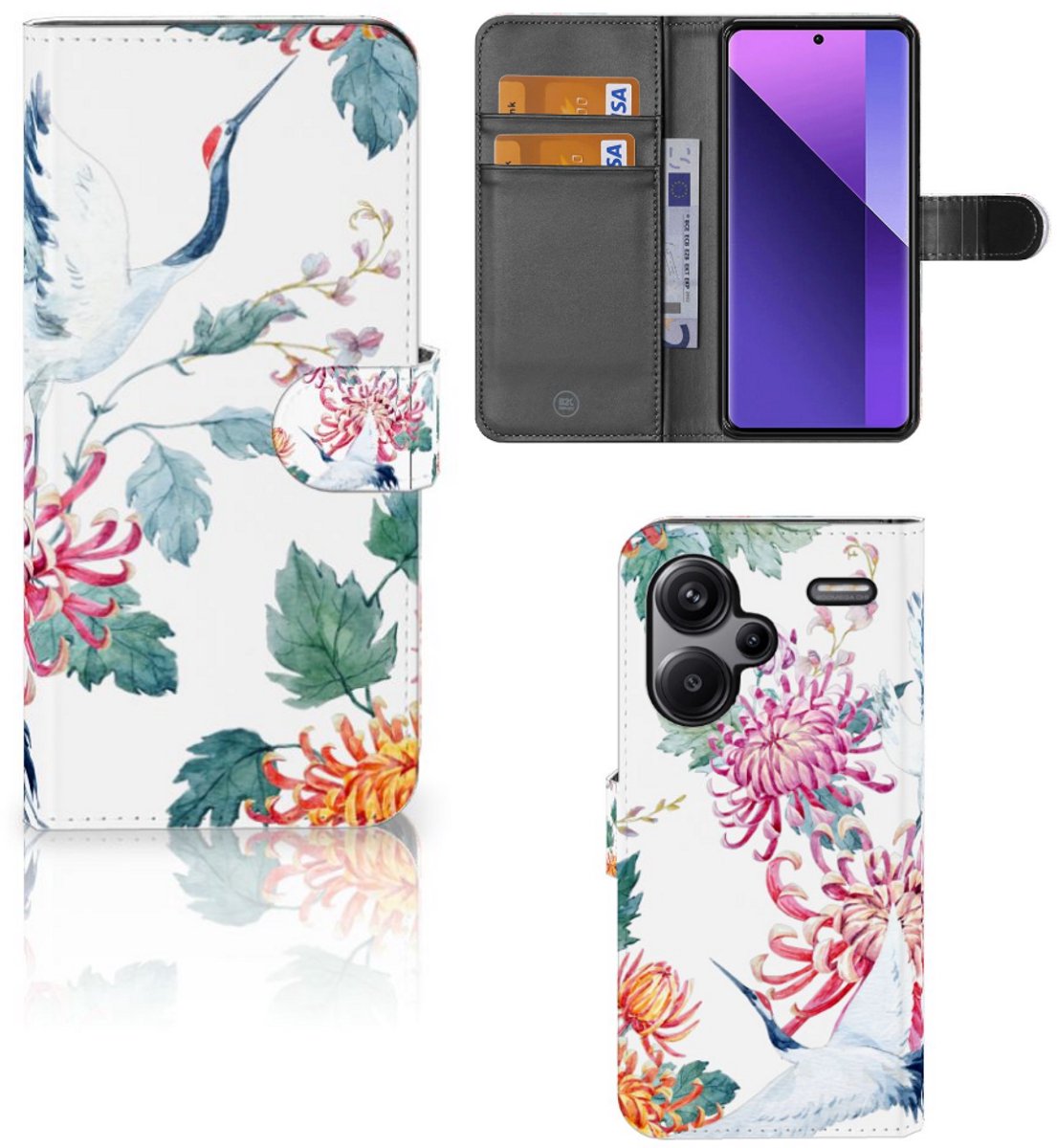Xiaomi Redmi Note 13 Pro Plus Telefoonhoesje met Pasjes Bird Flowers