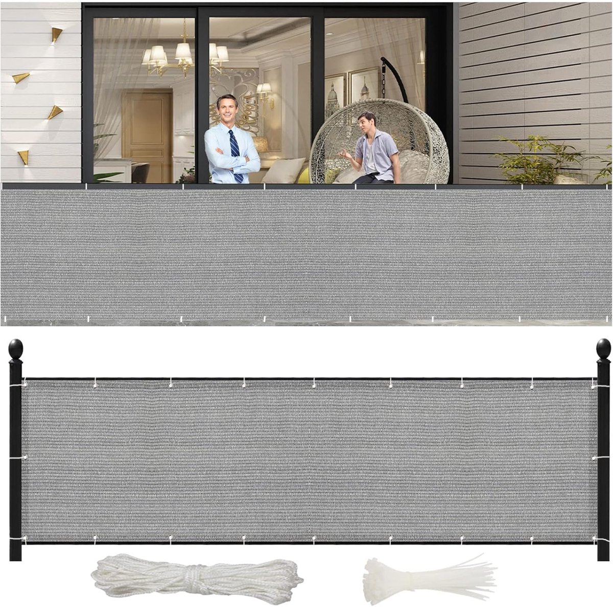 Balkonscherm 135 x 950 cm - Praktische Inkijkbescherming voor Balkon, Tuin en Terras - Makkelijk te Installeren zonder Boren - Grijs