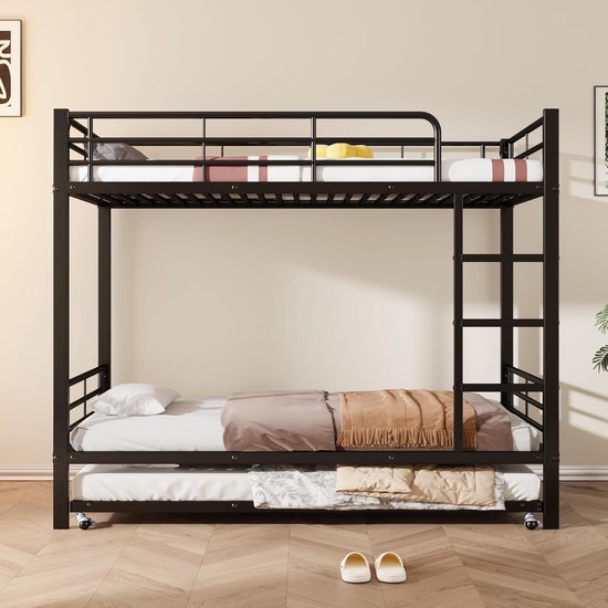 Zravenna Metal loft bed for 3 children, 90 x 200 cm and 90 x 190 cm, three bunk beds with pull-out bed, fall protection, children's bed with ladder, iron bed, white, black — afbeelding 3