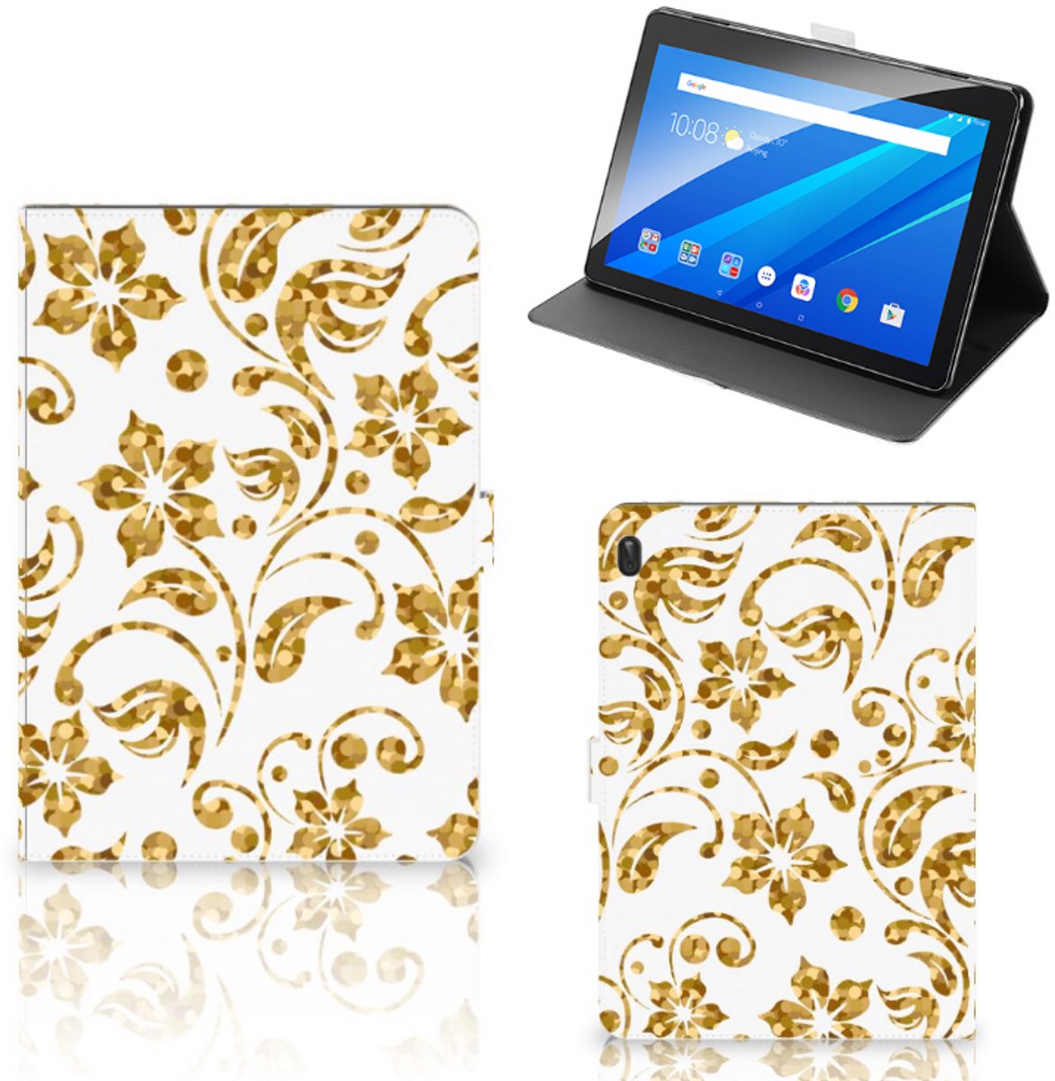 Lenovo Tab E10 Tablet Cover Gouden Bloemen