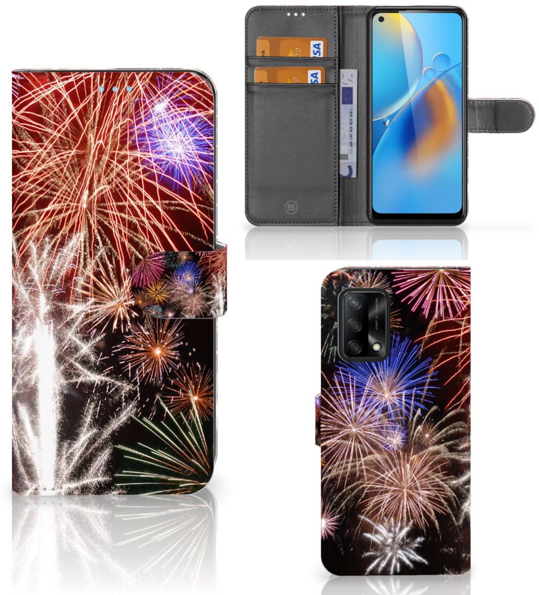 OPPO A74 4G Wallet Case met Pasjes Vuurwerk
