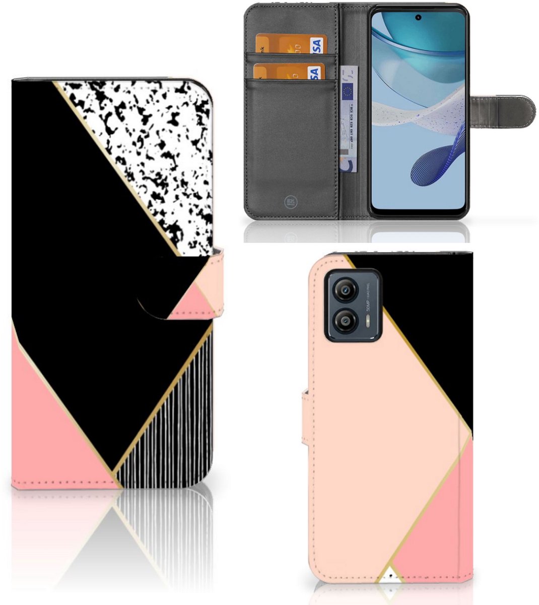 Motorola Moto G53 Book Case Zwart Roze Vormen