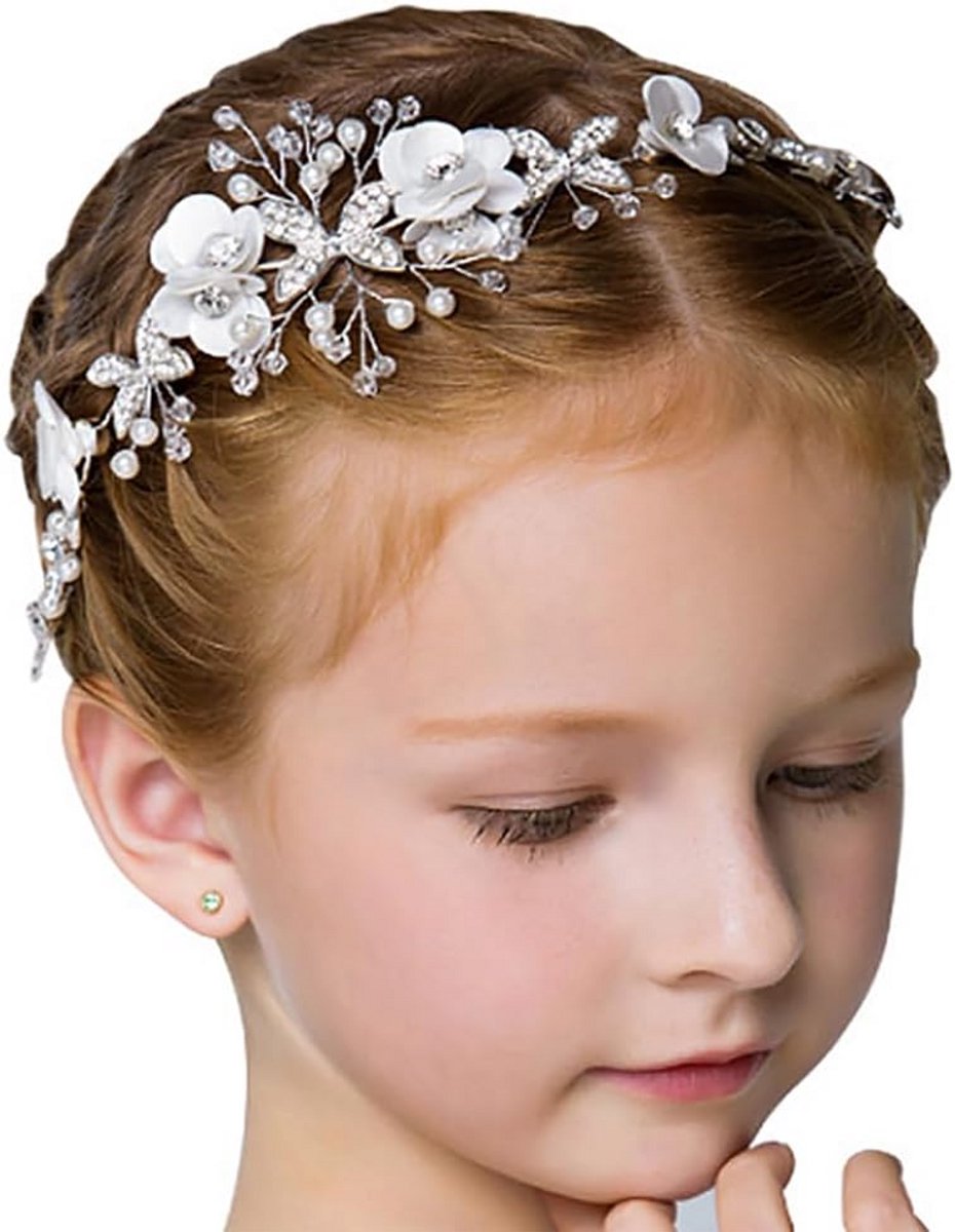 Diadeem met Witte Bloemen en Kristallen - Haaraccessoire voor Bruidsmeisjes en Kinderen