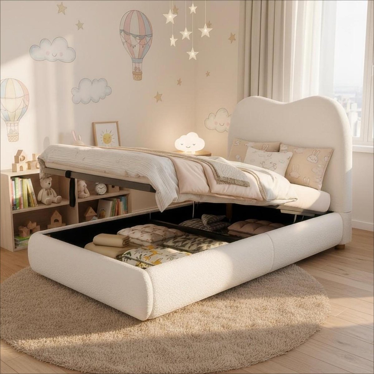 STILVORA Gestoffeerd Bed 90x200 Cm – Eenpersoons Kinderbed Met Hydraulische Opbergruimte – Met Lattenbodem – Zonder Matras – Bouclé – Beige