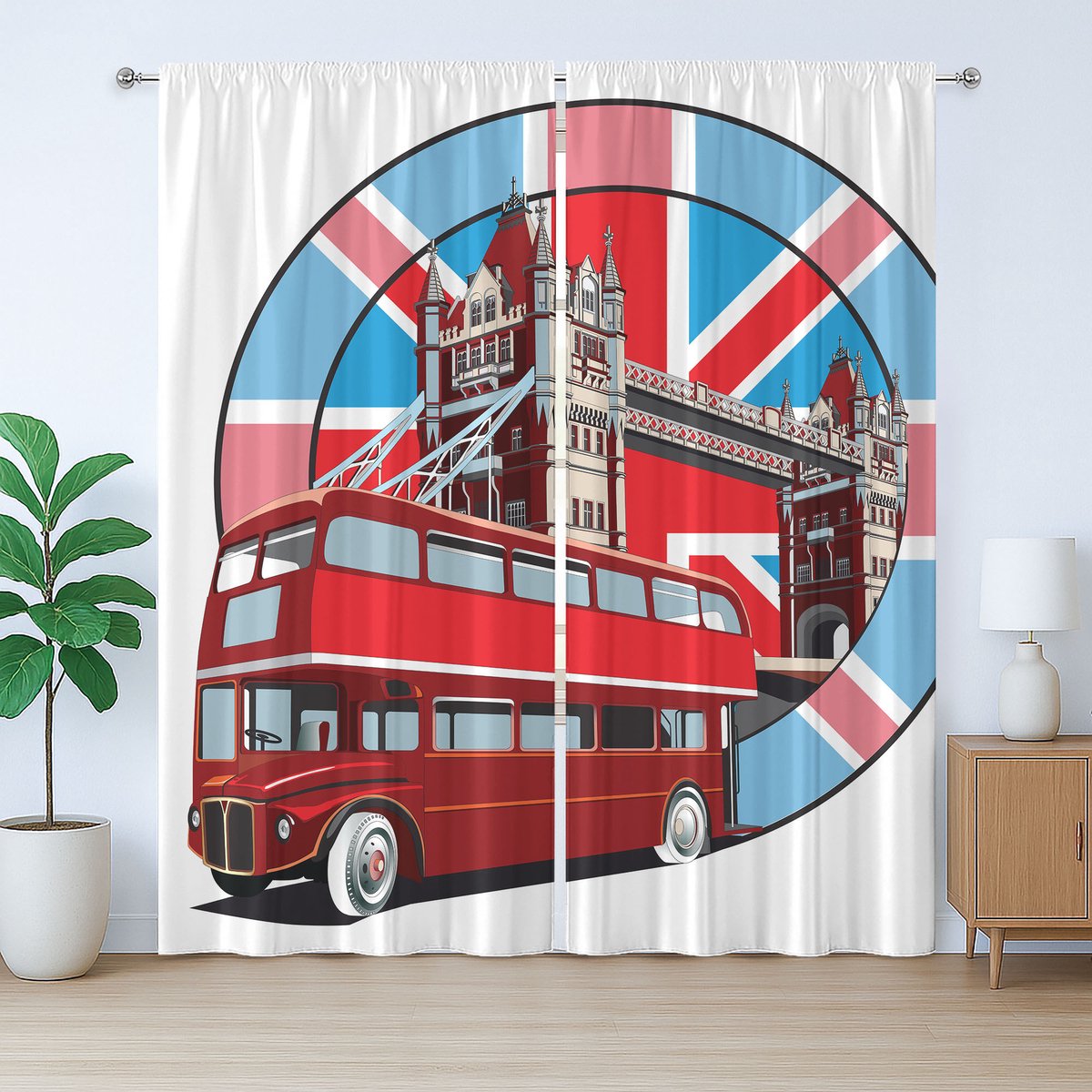 ABAKUHAUS London Rustiek Gordijn, Britse Metropool, Slaapkamergordijn met plooien, lussen en haken, 280 x 245 cm, Groen Bruin Blauw Meerkleurig
