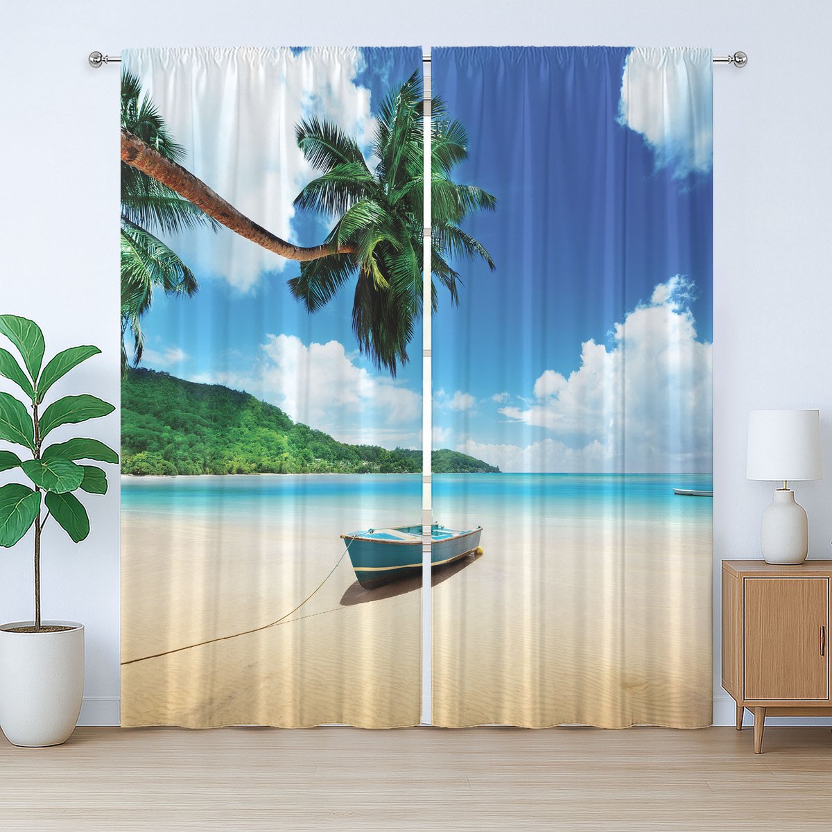 ABAKUHAUS Rustiek oceaangordijn, boot op het strand van Mahé, slaapkamergordijn met lussen en haken, 280 x 225 cm, groenblauw zand