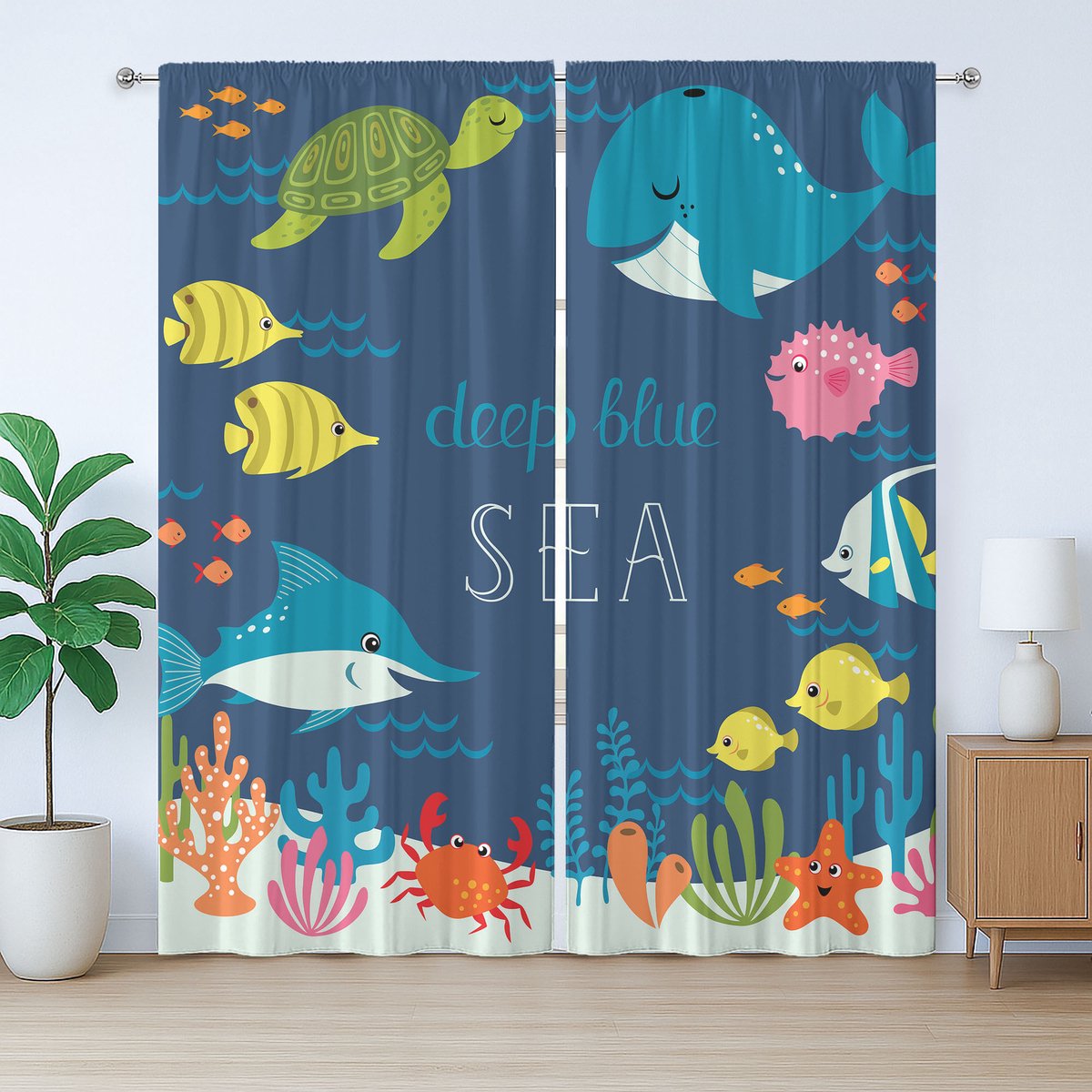 ABAKUHAUS Rustiek onderwatergordijn, algen en koraalriffen, geplooid gordijn met lussen en haken voor de slaapkamer, 280 x 225 cm, donker hemelsblauw