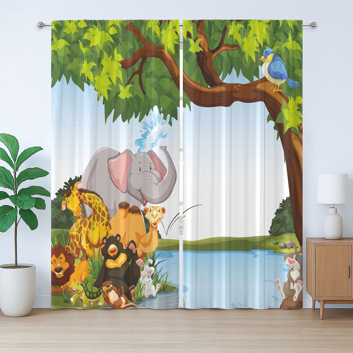 ABAKUHAUS Karikatuur Rustiek Gordijn, Grappige Cartoon Dieren, Slaapkamergordijn met Plooiing, Lusjes en Haken, 280 x 175 cm, Groen Bruin Geel