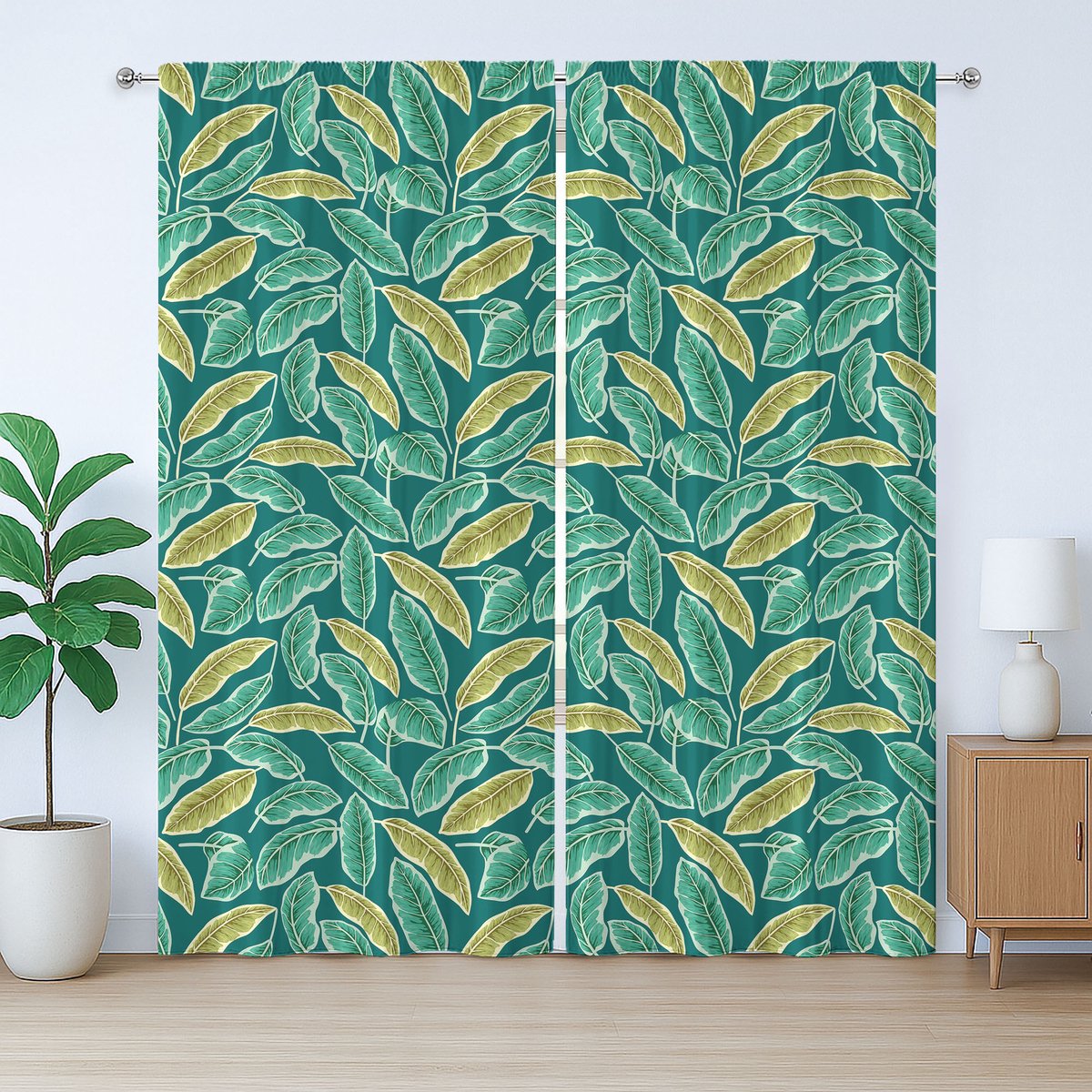 ABAKUHAUS Rustiek bladgordijn, abstract botanisch thema, slaapkamergordijn met lussen en haken, 280 x 225 cm, turquoise kaki