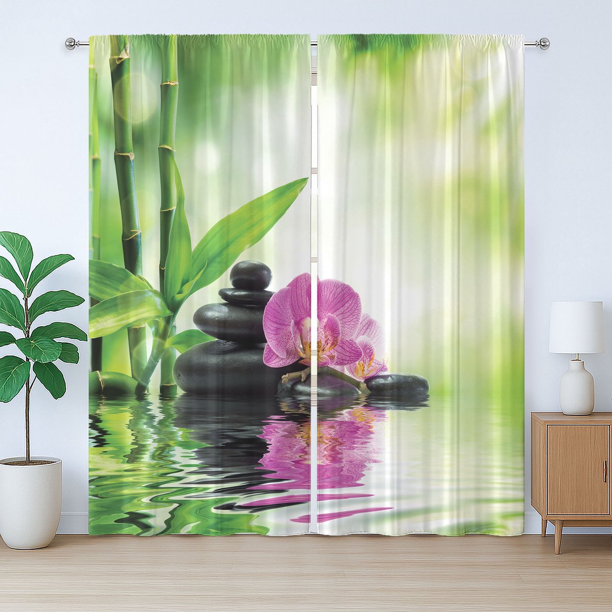 ABAKUHAUS Spa Rustiek Gordijn, Orchidee Rots Water, Slaapkamergordijn met lussen en haken, 280 x 175 cm, Groen Roze