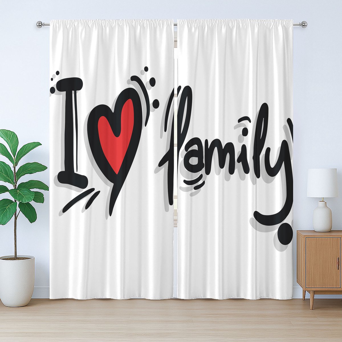 ABAKUHAUS Rustiek Familiegordijn, I Heart Family Pictogram, Geplooid gordijn voor de slaapkamer met lussen en haken, 280 x 260 cm, Zwart Wit Rood