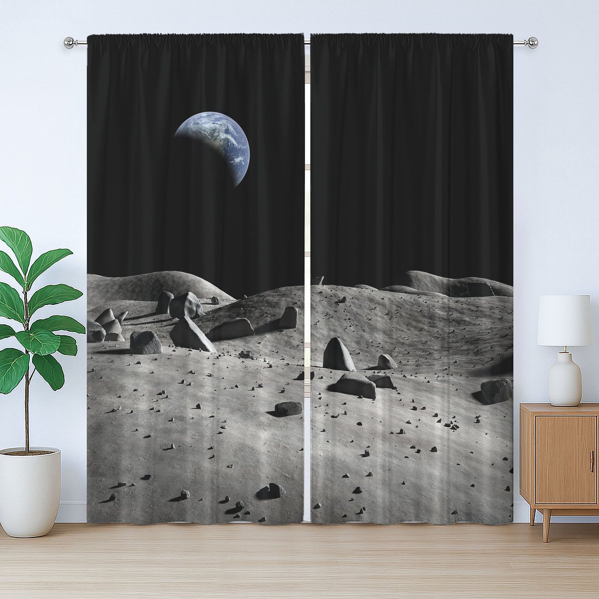 ABAKUHAUS Maan Rustiek Gordijn, Aarde gezien vanaf de Maan, Slaapkamergordijn met Plooiing, Lussen en Haken, 280 x 225 cm, Zwart Grijs