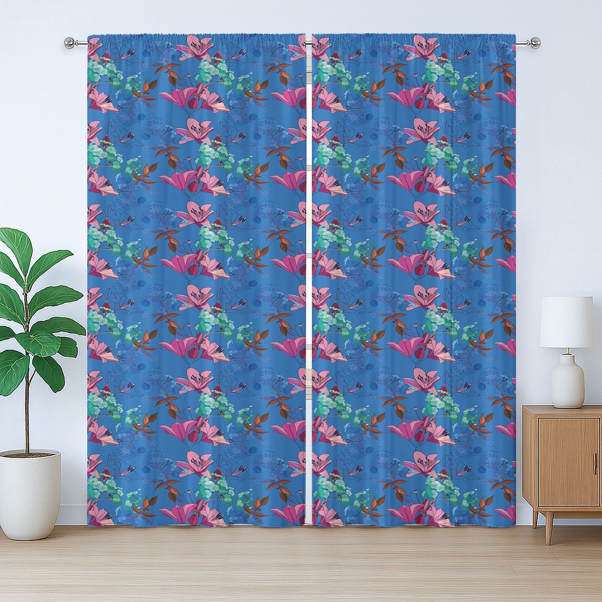 ABAKUHAUS Rustiek bloemengordijn, bloeiende lelies en floxen, slaapkamergordijn met plooien en haken, 280 x 260 cm, azuurblauw meerkleurig